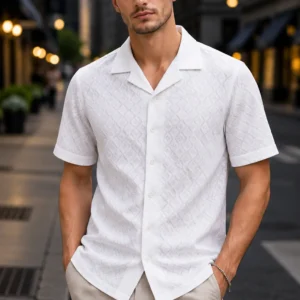 Textured Premium Open Collar Knit Half Shirt - White