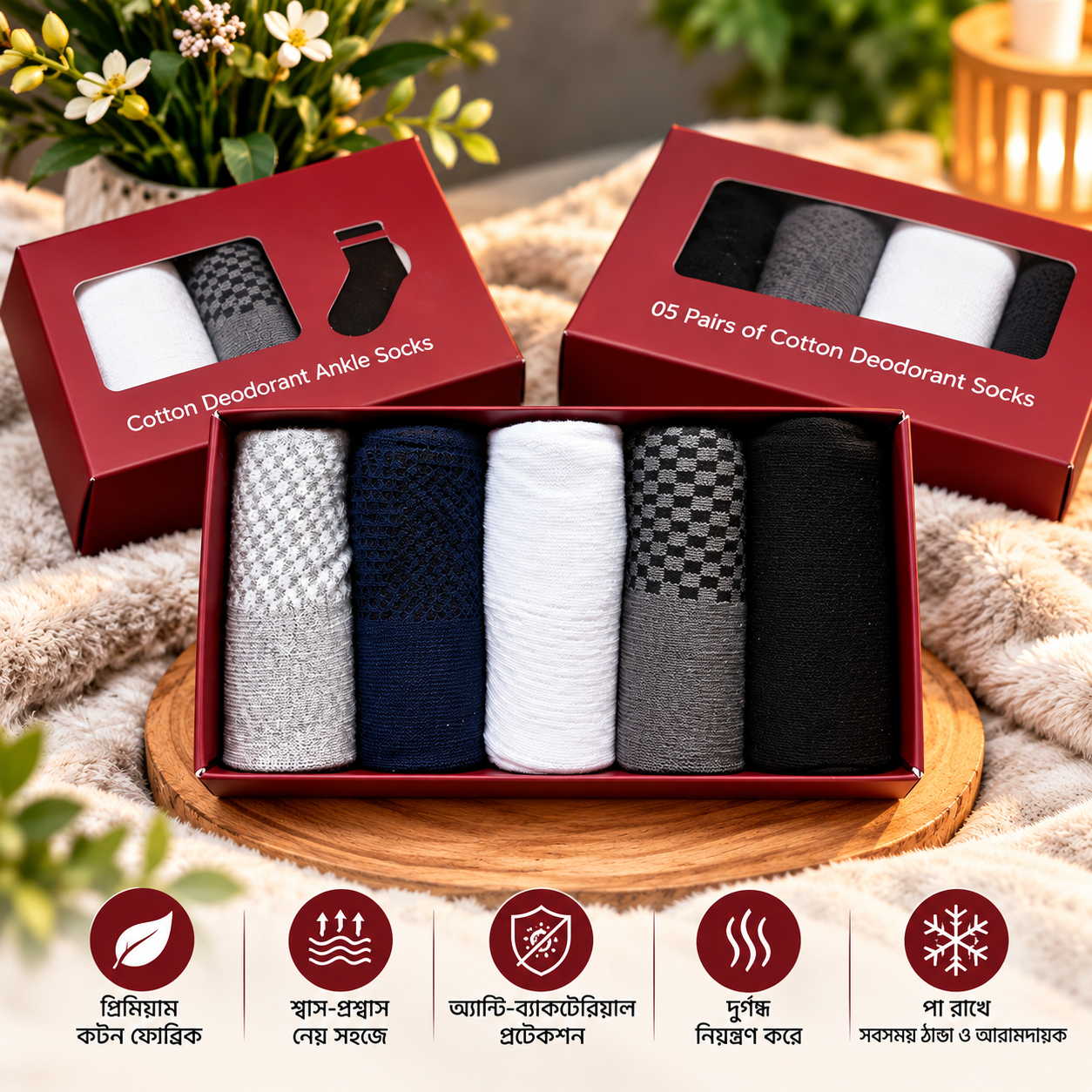 Premium Cotton Deodorant Semi Long Socks 1 Box 5 Pairs Combo Offer