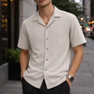 Textured Premium Open Collar Knit Half Shirt - Light Beige